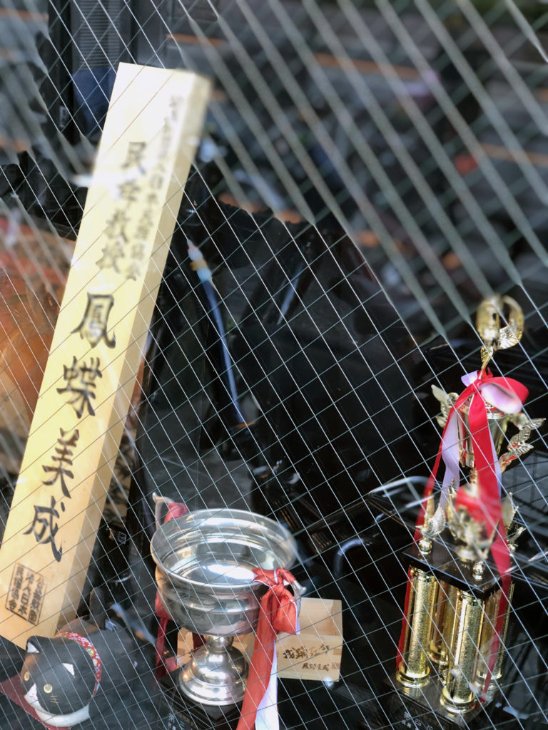 稽古場に飾られた鳳蝶氏の看板や、トロフィーの数々