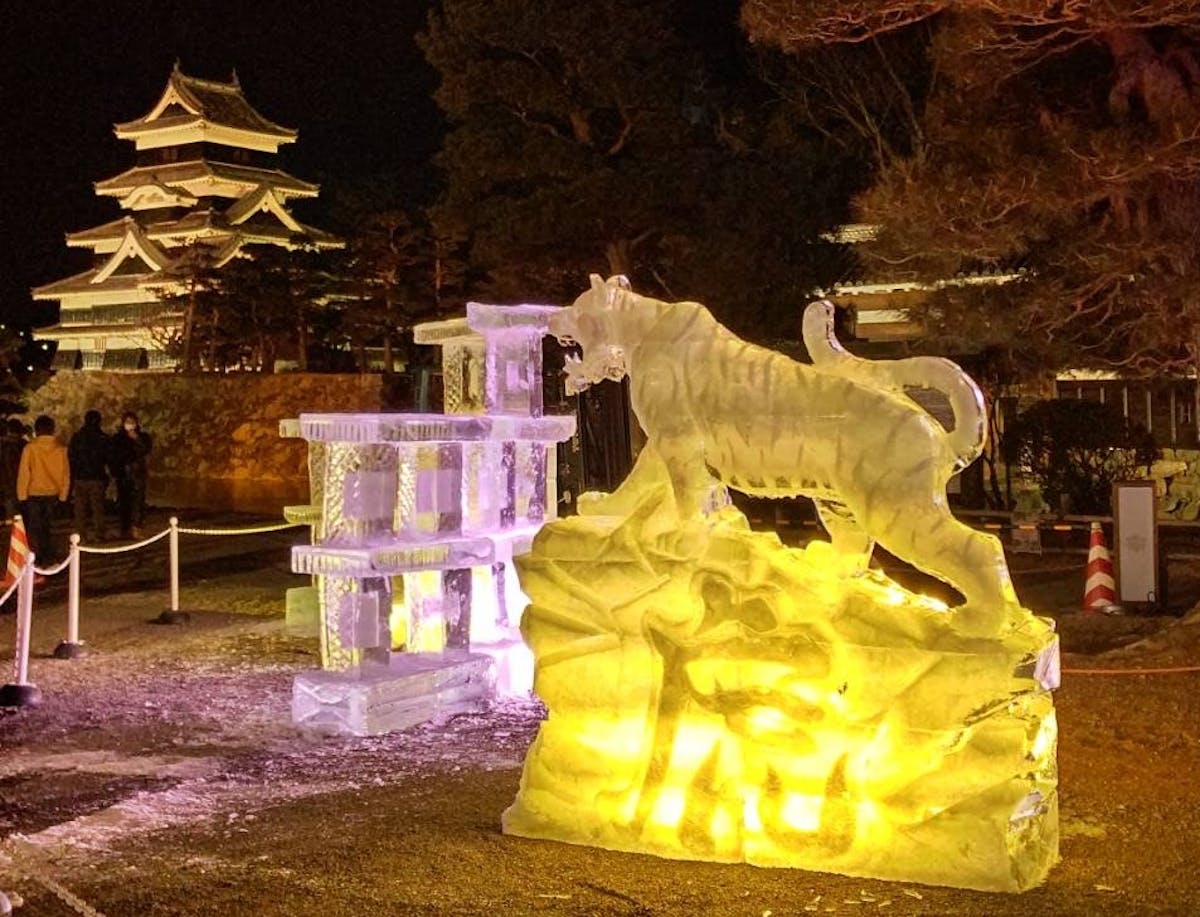 氷彫フェスティバル、松本城、ライトアップ、氷像、虎