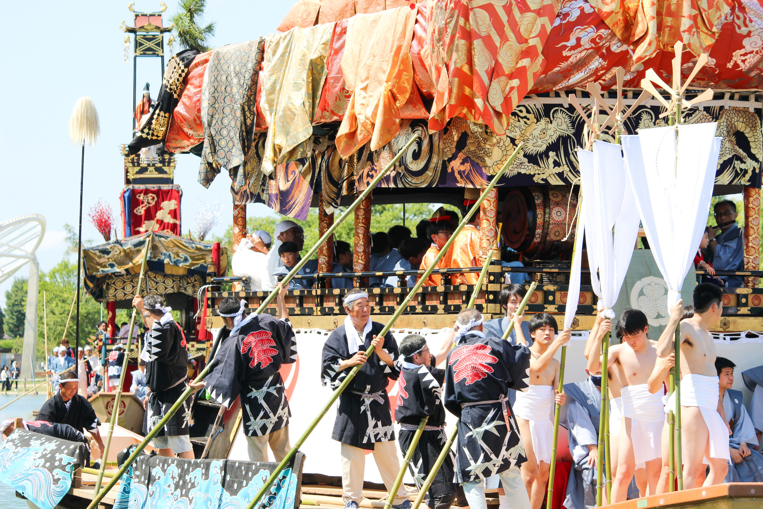 即決 真作 木村松琴 尾張津島天王祭の双幅の掛軸 宵祭 アウトレット 提灯 朝祭 市江車 船祭り 山車祭礼まつり 絹本の掛け軸