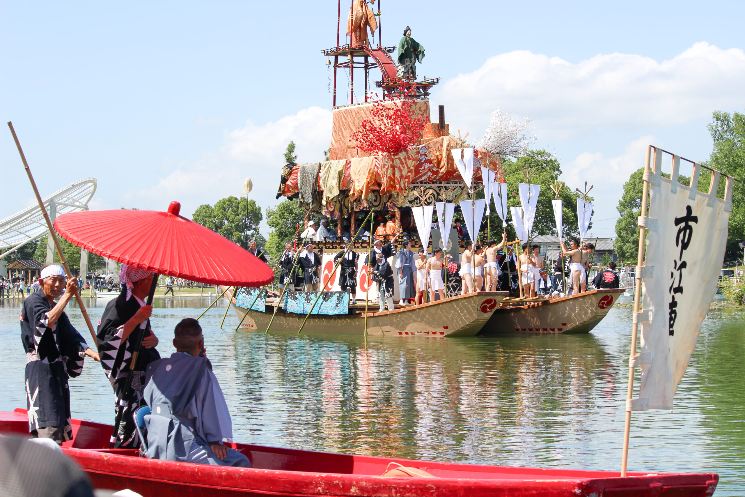 即決 真作 木村松琴 尾張津島天王祭の双幅の掛軸 ストア 宵祭 提灯 朝祭 市江車 船祭り 山車祭礼まつり 絹本の掛け軸