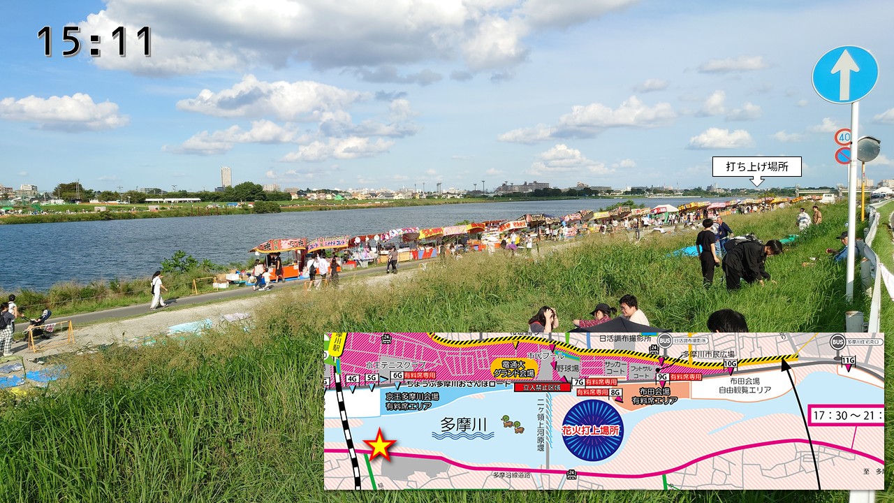 川崎側土手花火まで1km